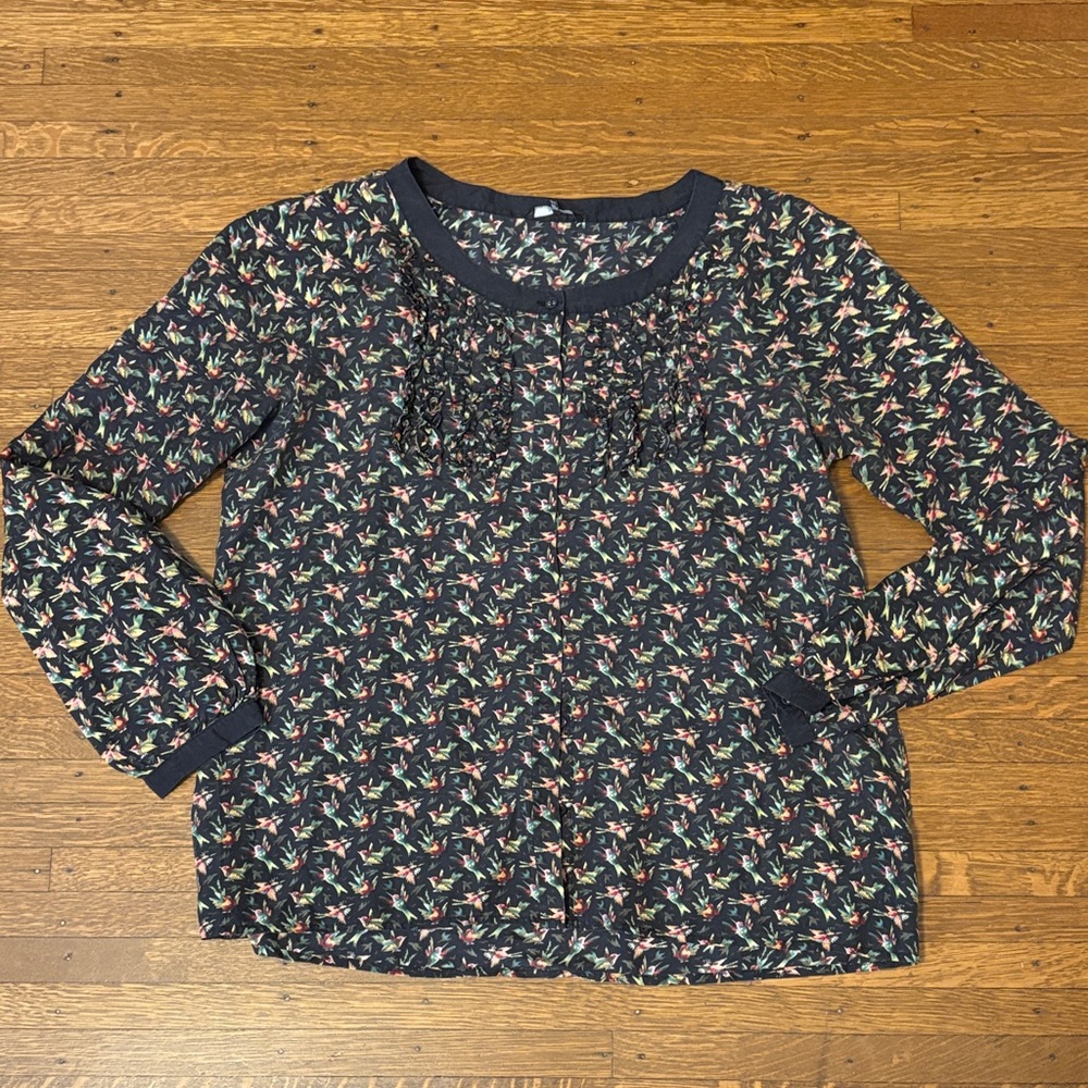 InWear 100% Silk Long Sleeve Blouse with Hummingbirds
